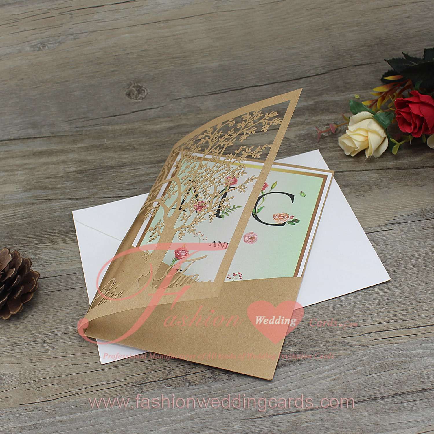 Vintage Pocket Wedding Invitation Laser Cut Tree